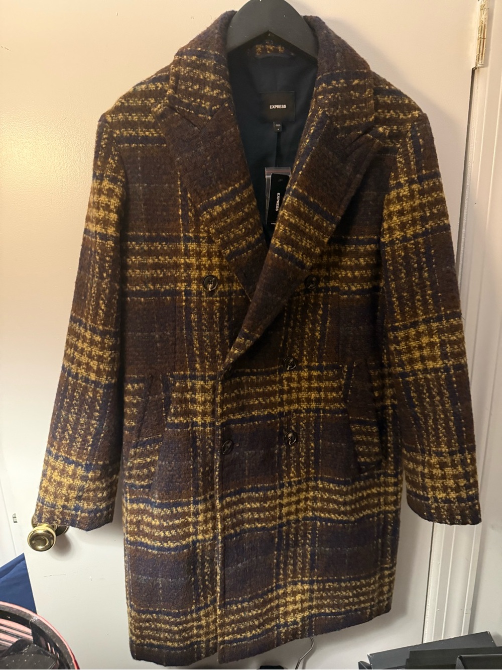 Double-Breasted Plaid Pea Coat in Brown & Mustard
